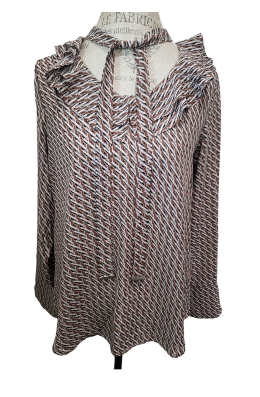 Jennie & Marlis Brown Black & White Unique Design Long Sleeve Collared Blouse
